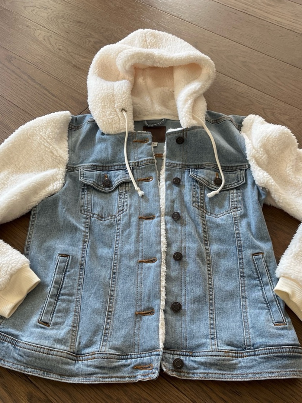 Maurices Light Blue Denim Jacket with Cream Sherpa Hood